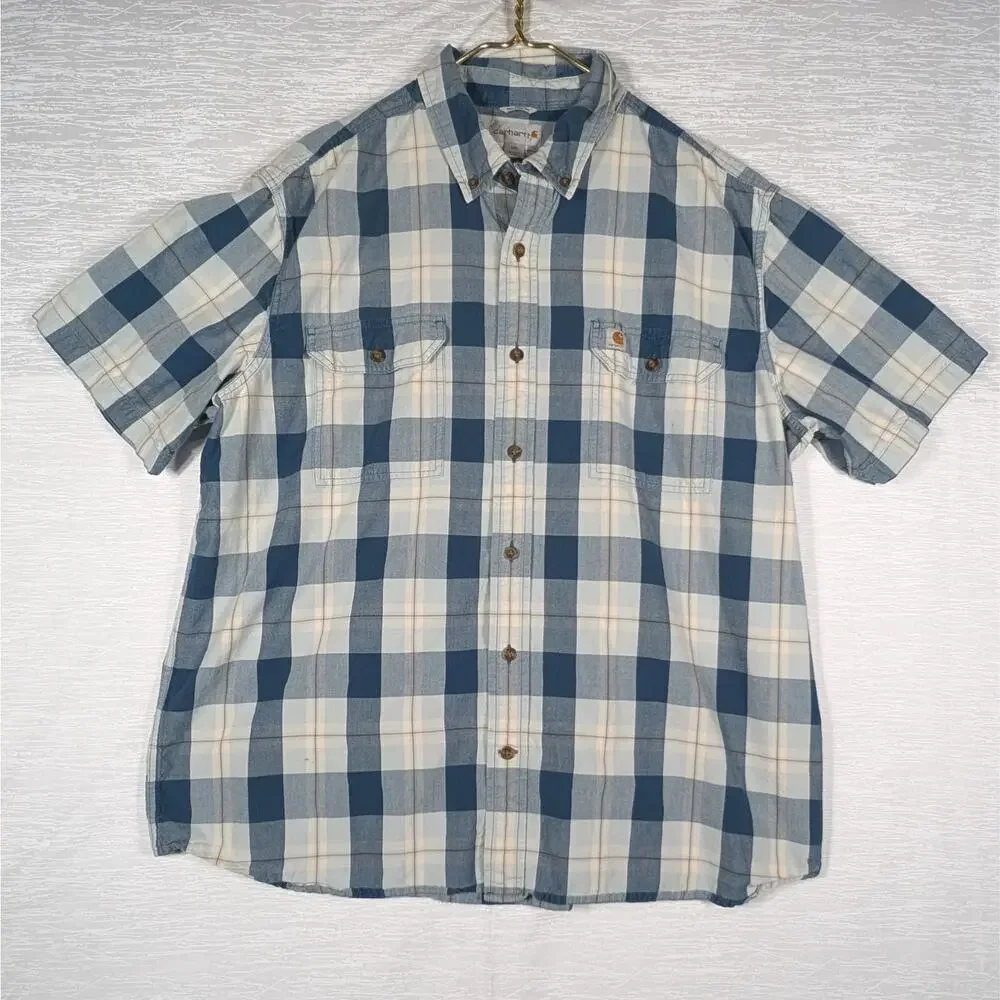 Carhartt Button Down Shirt Mens 2xl Blue Plaid Short Sleeve Shirt